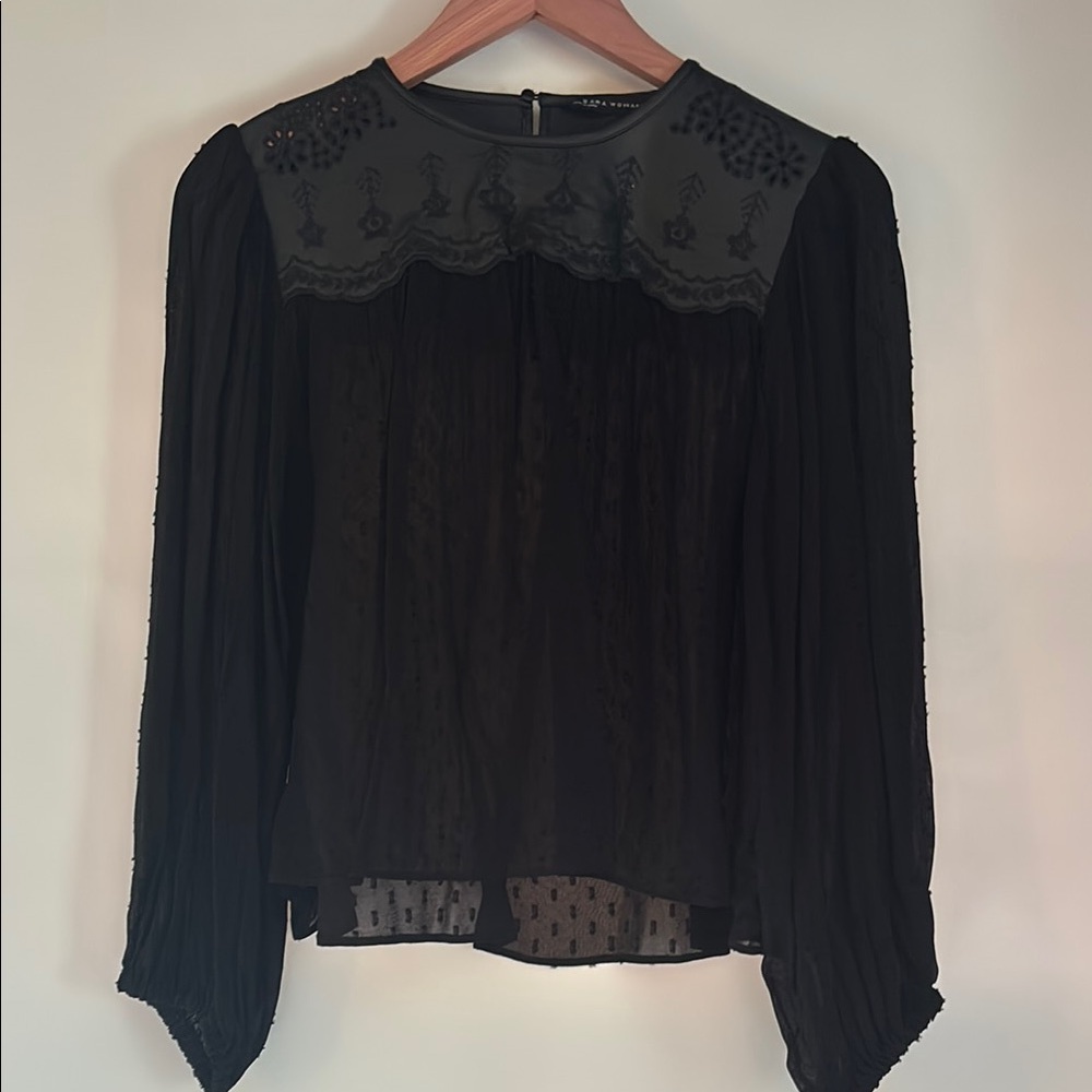 Zara Black Embellished Blouse with Bib Collar